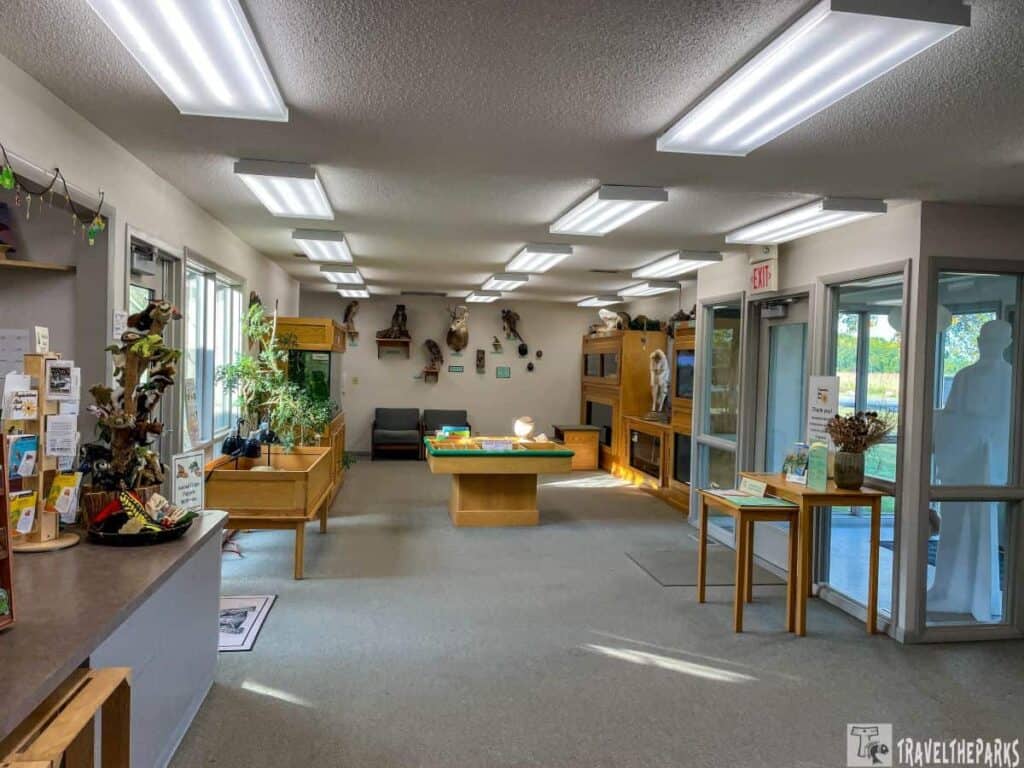 Interior of a nature center at Prophetstown State Park with displays, taxidermy, and educational materials.
