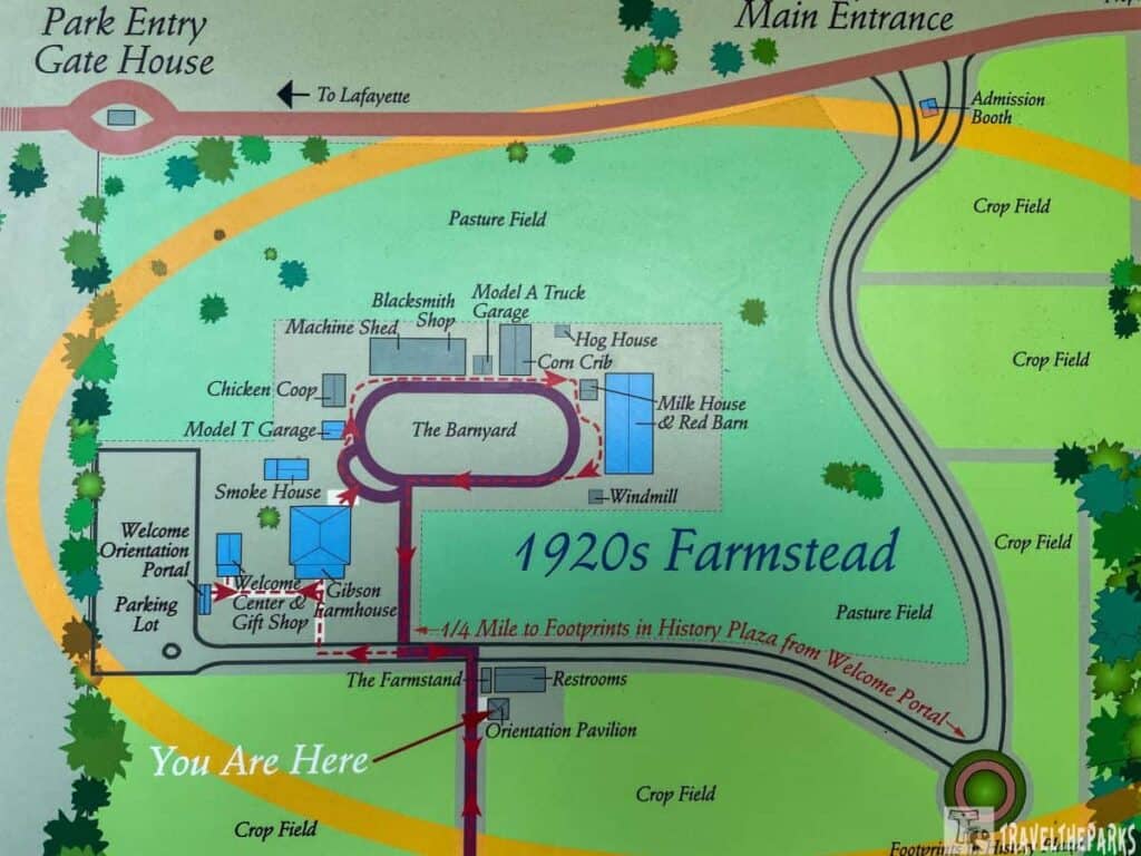 Map of 1920s Farmstead at Prophetstown State Park showing buildings, paths, and fields.