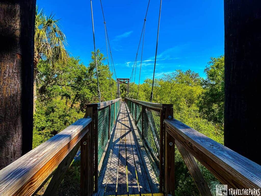 Suspension bridge with wooden planks and green mesh sides at Paynes Creek Historic State Park, surrounded by lush greenery and under a clear blue sky.