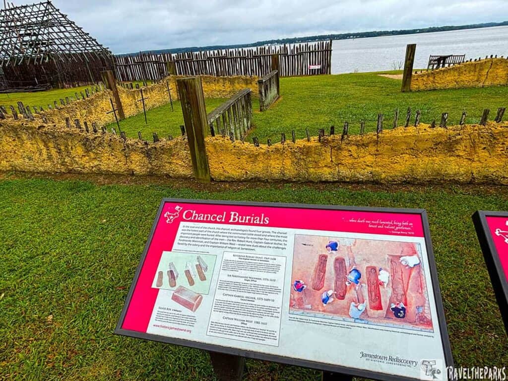 Historical Jamestowne Old towne site with burial information display and view of water in the background.