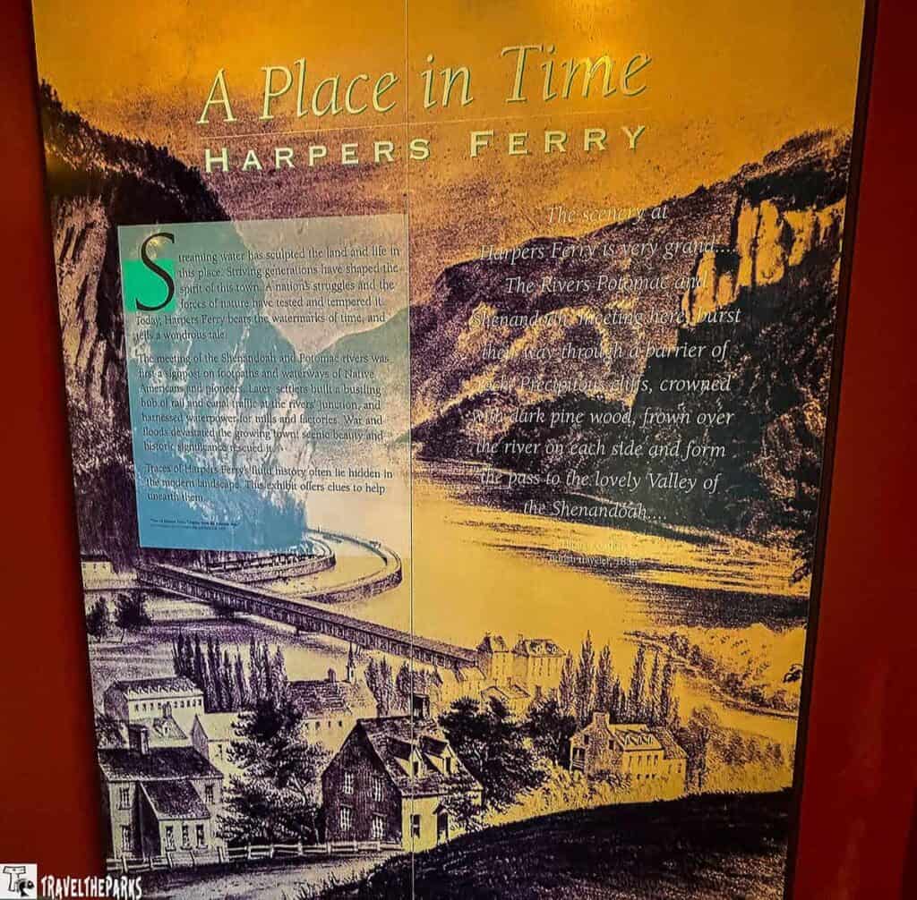 Exhibit panel of Harpers Ferry with historical illustration and descriptive text.