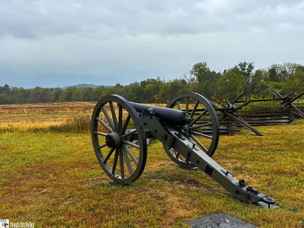 A historic black cannon with spoked wheels on a grassy field, under an overcast sky, with trees and a wooden fence in the background.
