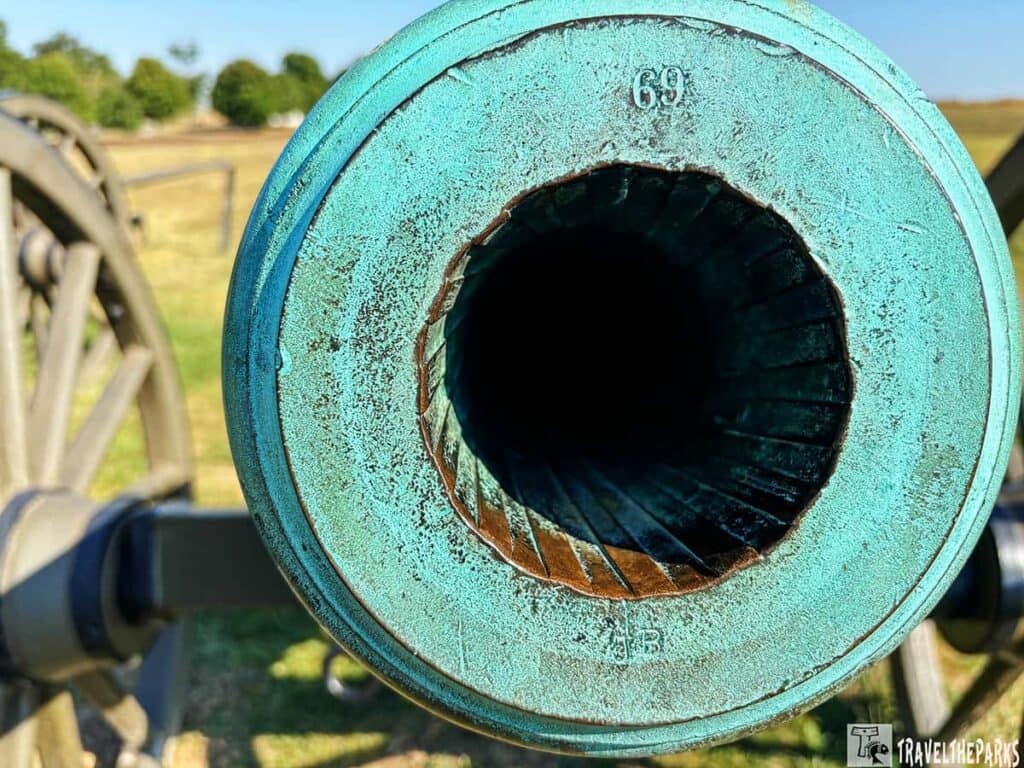Close-up of a cannon barrel with rifling grooves at Antietam National Battlefield.