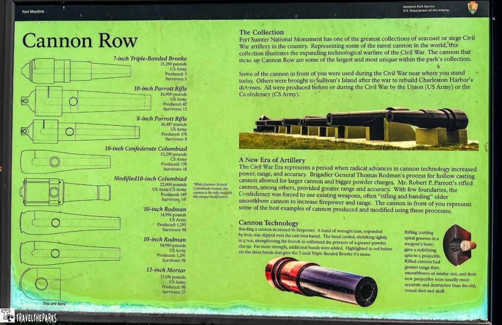 Educational display titled "Cannon Row" detailing Civil War artillery with cannon drawings and historical context from Fort Moultrie.