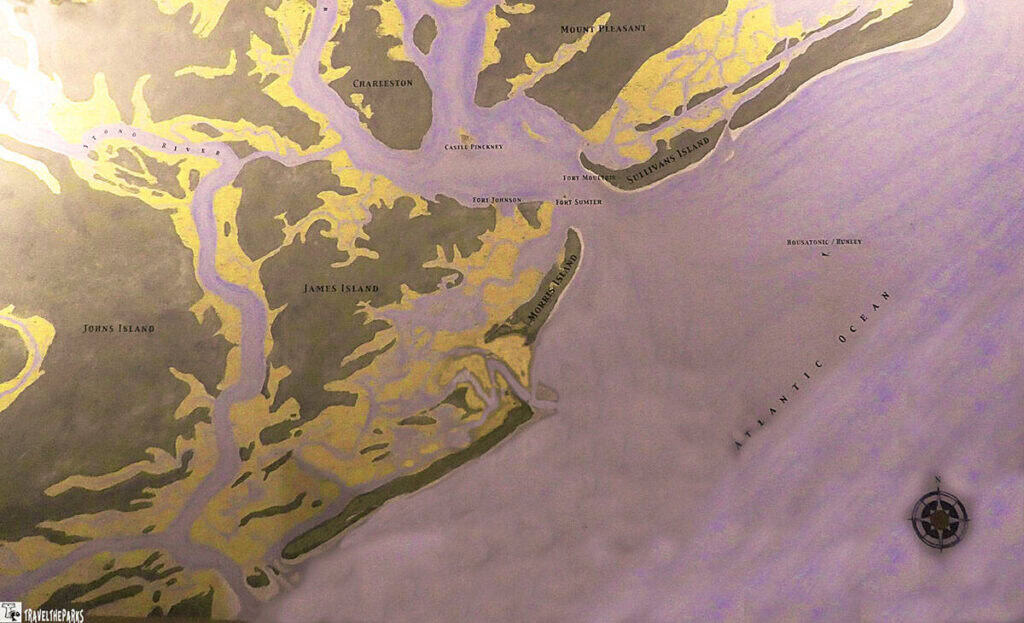 Map of Charleston area showing islands, forts, rivers, and the Atlantic Ocean.