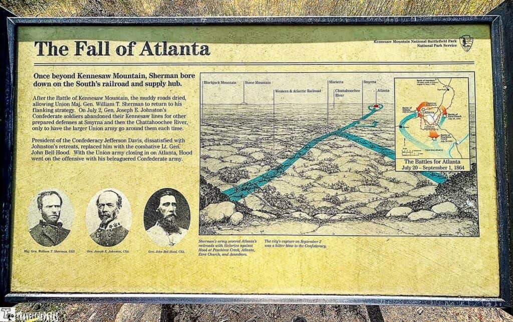 Informational display about "The Fall of Atlanta" with text, maps, and portraits of Generals Sherman, Johnston, and Hood.