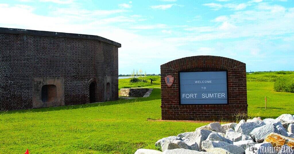 Fort Sumter National Monument with historic brick structure and a sign reading "Welcome to Fort Sumter."