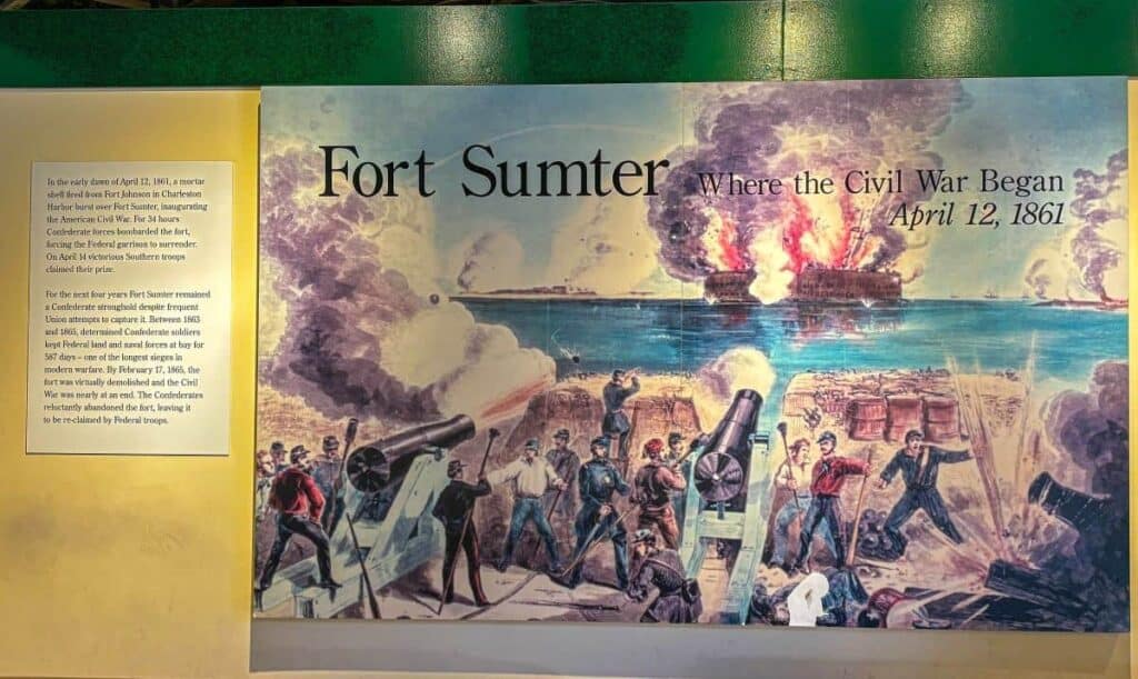 Illustration of the Battle of Fort Sumter with soldiers firing cannons and Fort Sumter ablaze.