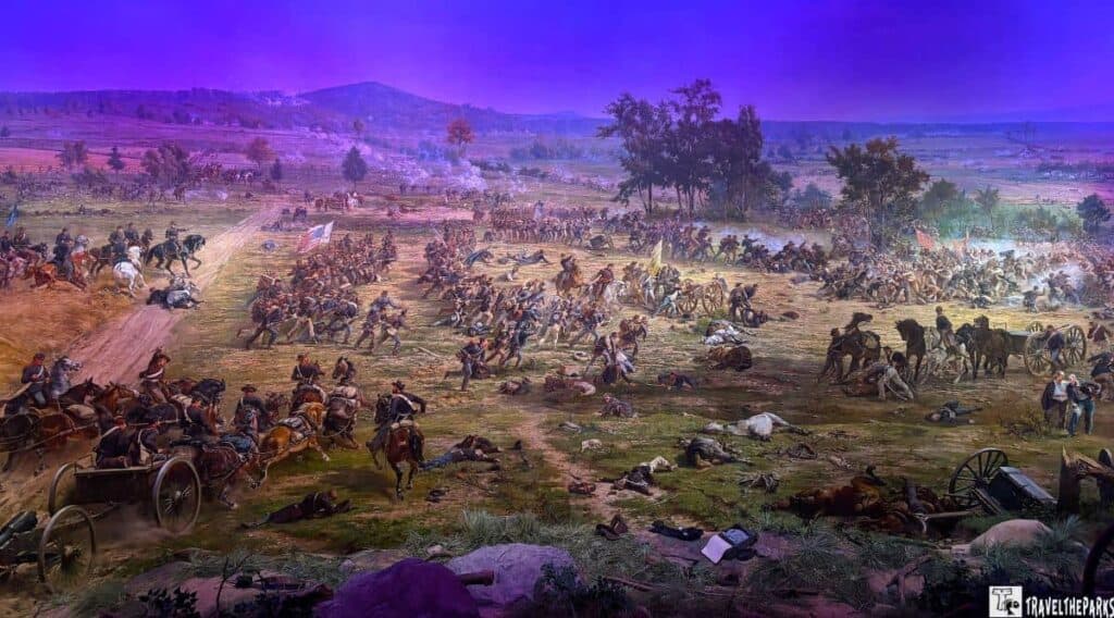 A battle scene with soldiers and horses, a vivid purple sky, and distant hills.
