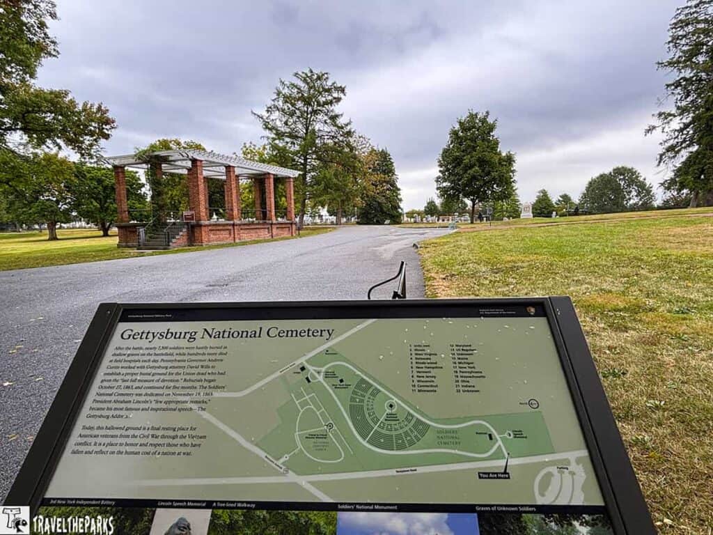Informational sign and brick structure at Gettysburg National Cemetery with trees and overcast sky.