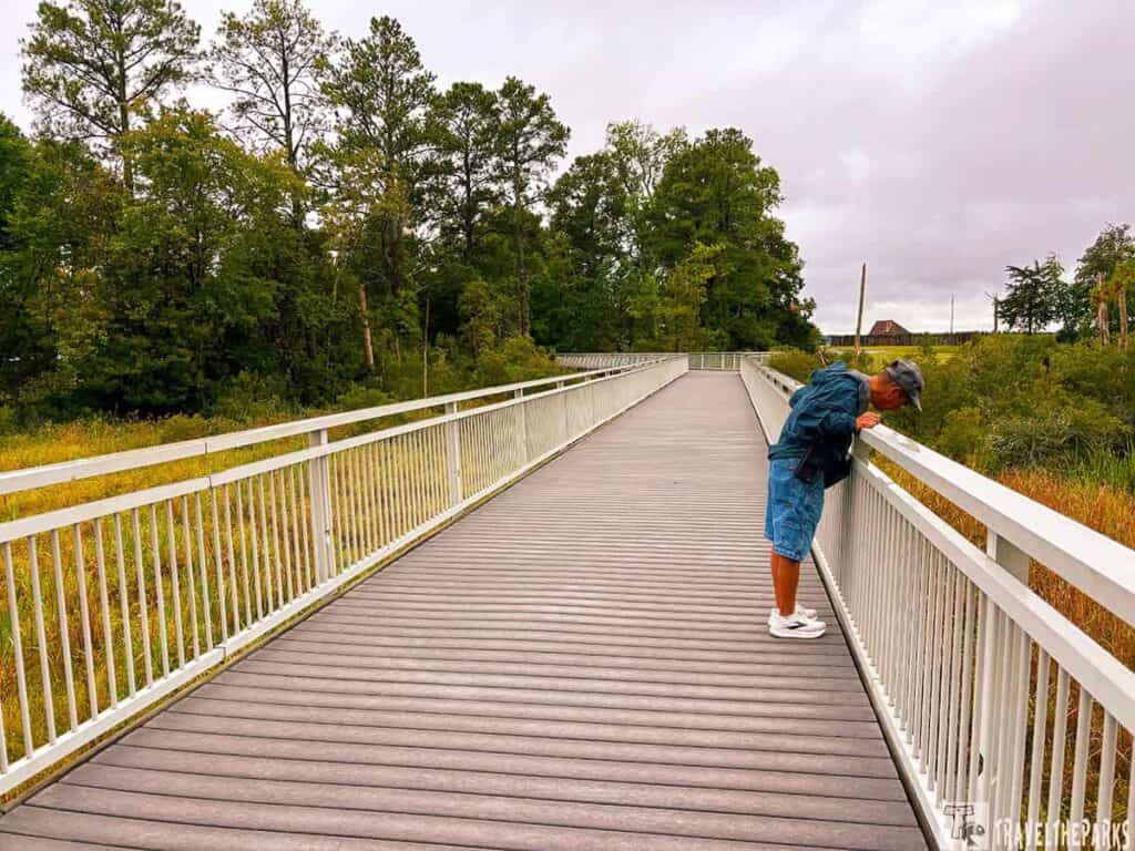 A man leaning over the railing of a wooden pedestrian bridge surrounded by trees under an overcast sky.
