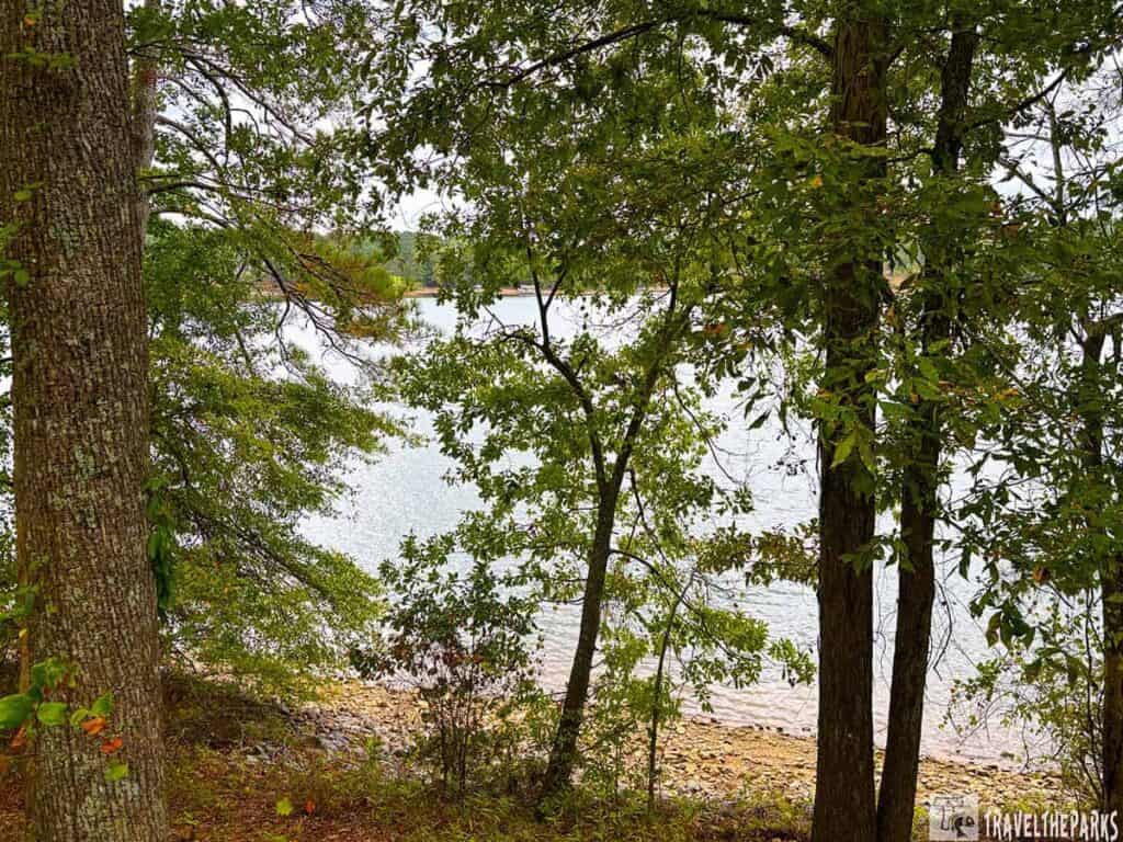 View of Lake Altoona through leafy trees with a rocky shoreline.