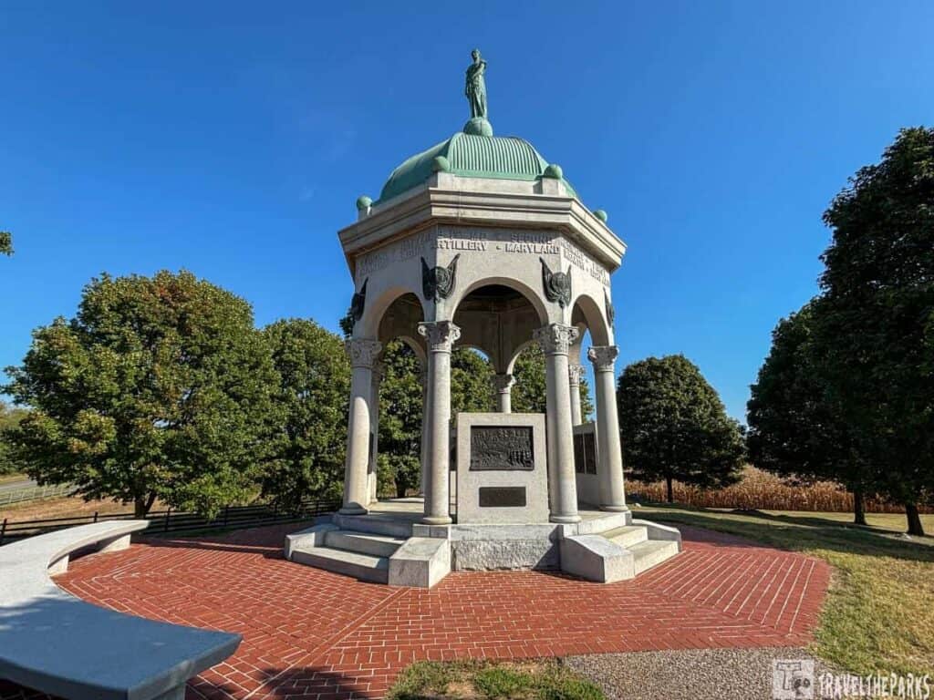 Domed pavilion Maryland monument with columns at Antietam Battlefield.