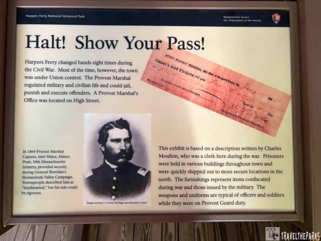Information display about Harpers Ferry during the Civil War, featuring a portrait of Captain Alonzo Pratt and a pink pass document.
