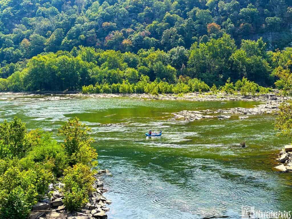 Person kayaking on a river surrounded by the dense, green forest and rocky banks, under a sunny sky.