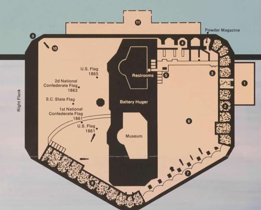 Map layout of Fort Sumter National Monument showing various sections including Battery Huger, a museum, and flag positions.