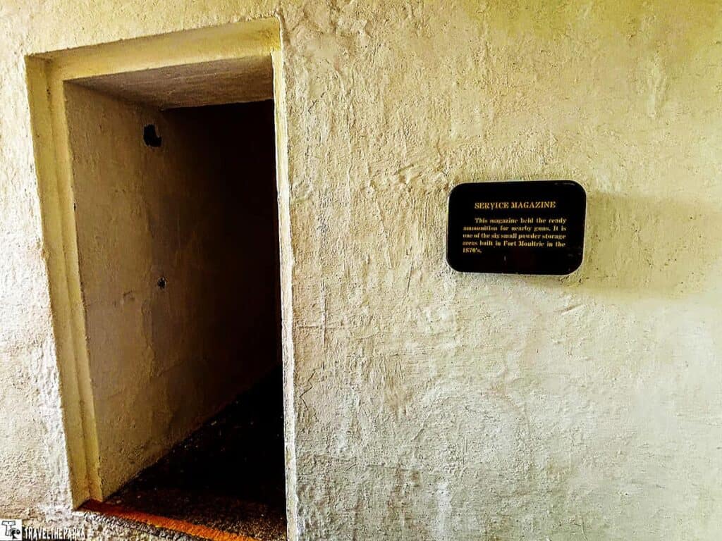 Fort Moultrie-SERVICE MAGAZINE This magazine held the ready ammunition for nearby guns. It is one of the small powder storage areas built in Fort Moultrie in the 1870's.