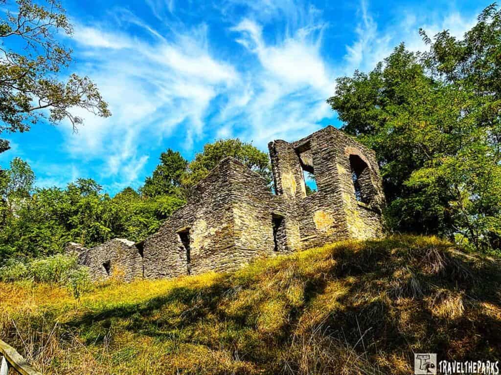 Ruins of St. Paul's Episcopal Church in Harpers Ferry under a blue sky with clouds.