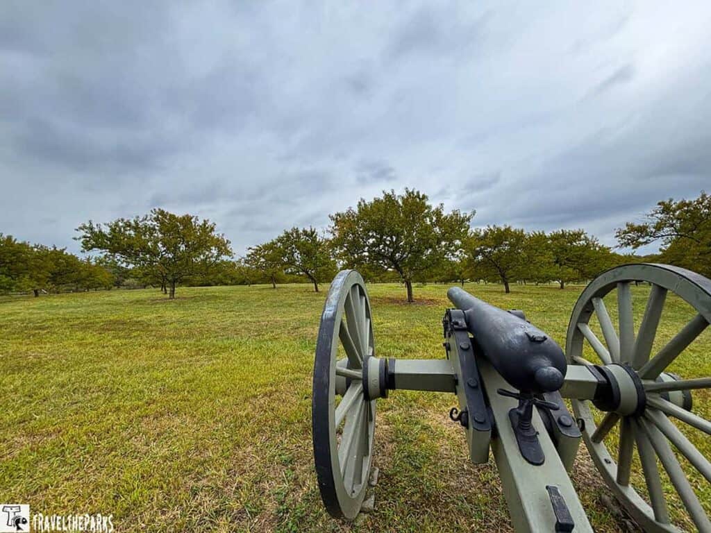 Cannon in a peach orchard with cloudy skies.
