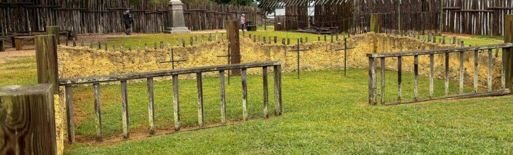 Historic Jamestowne burial site with wooden crosses and a surrounding wooden fence.