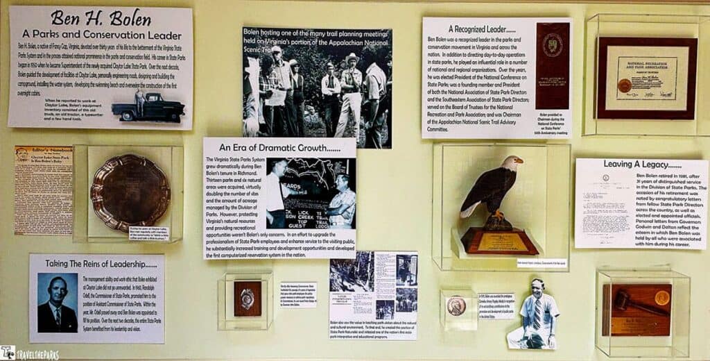 Wall display detailing the contributions of Ben H. Bolen to parks and conservation, featuring text, photos, and plaques.

