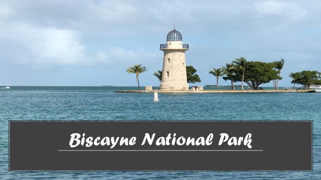 Lighthouse on an island in Biscayne Bay under a partly cloudy sky, with text overlay.