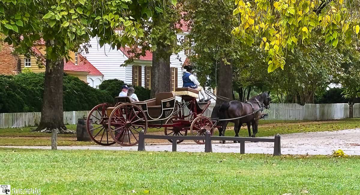 A horse-drawn carriage with passengers in period attire on a tree-lined path at Colonial Williamsburg.