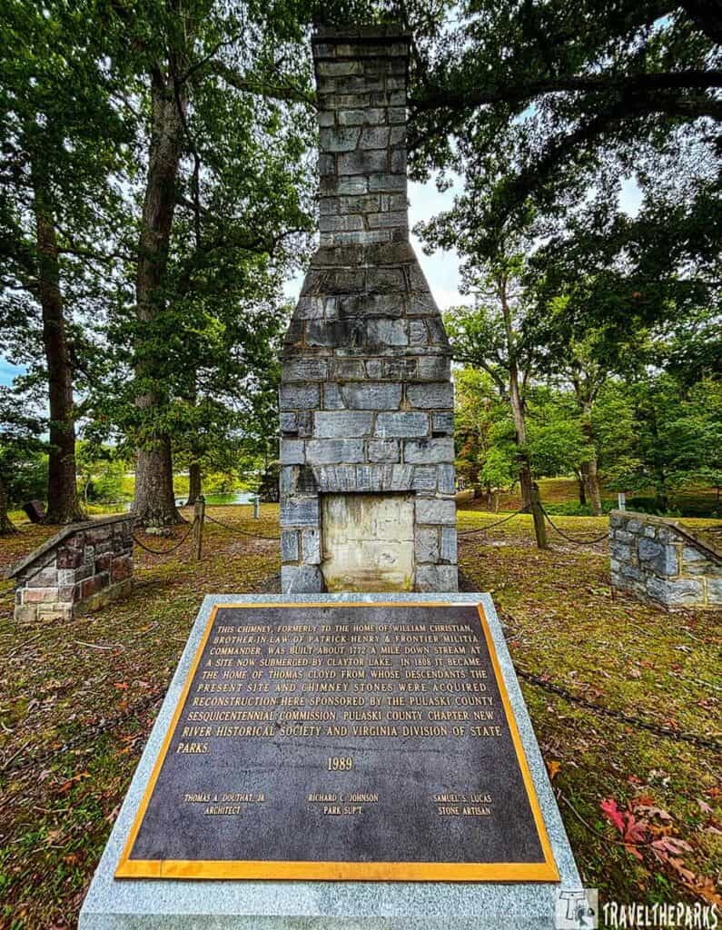 Lone chimney with historic markers near the site of the Christian-Cloyd House circa 1772.