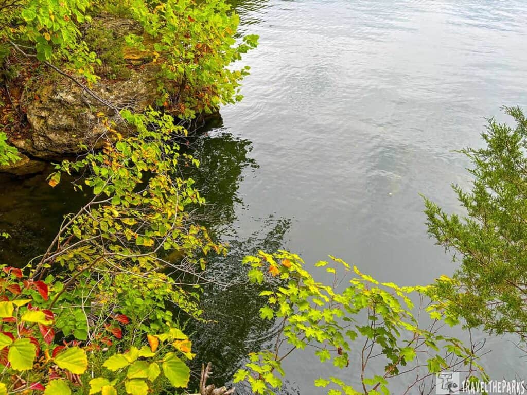 A Claytor Lake SP lakeside view with green and yellow leaves, rocky shore, and calm water.

