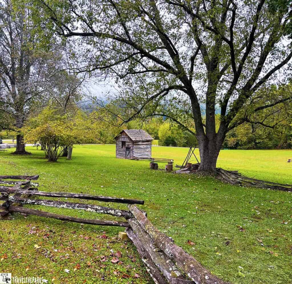 A small wooden cabin on a grassy field with a large tree and a split-rail fence.