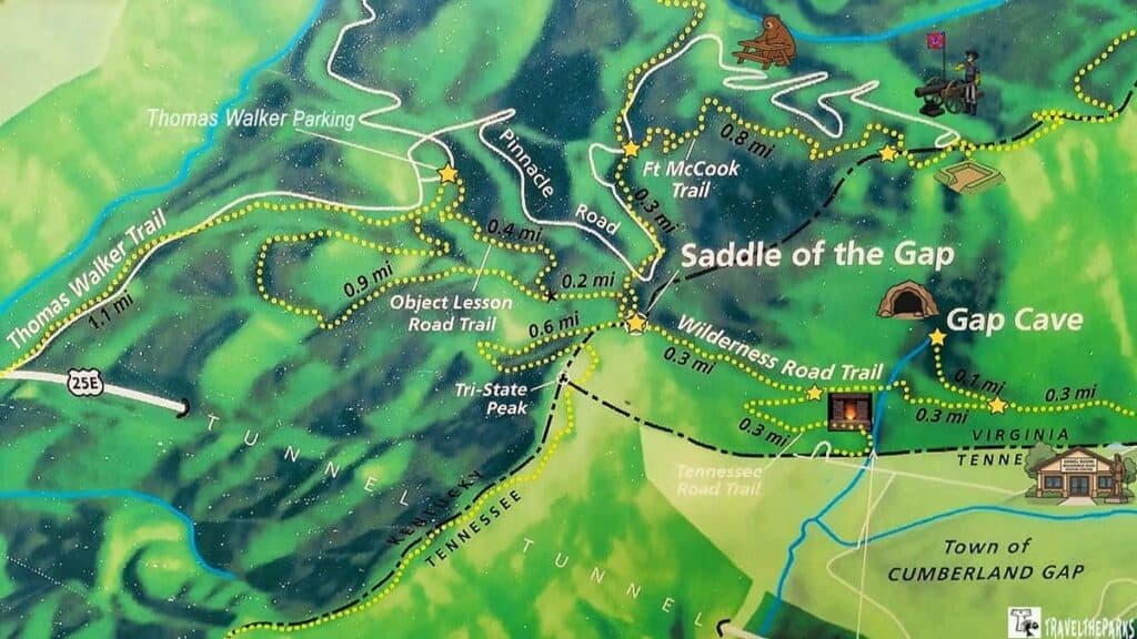 Map of hiking trails in Cumberland Gap area with marked trails and landmarks like Thomas Walker Trail and Gap Cave.