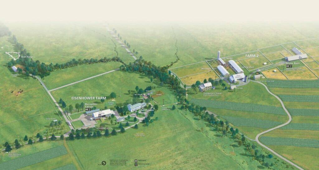 Aerial illustration of Eisenhower Farm with labeled buildings and fields.