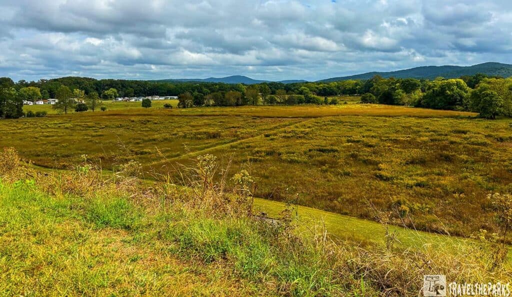 From Mound A: Vast field with grasses, trees in the distance, and cloudy sky.

