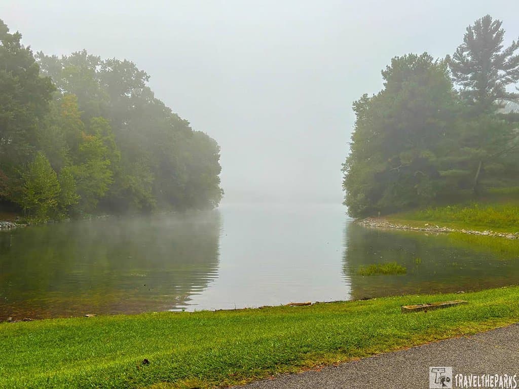 Misty lake scene with trees and a grassy shoreline at Claytor Lake State Park.