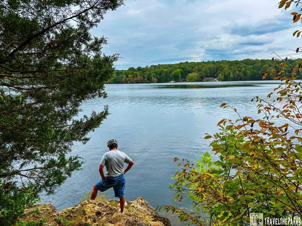 Person standing on a rocky edge by a lake, surrounded by greenery and trees, under a cloudy sky.
