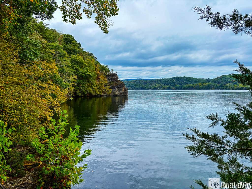 View of Claytor Lake with lush green trees lining the shore and overcast skies above.

