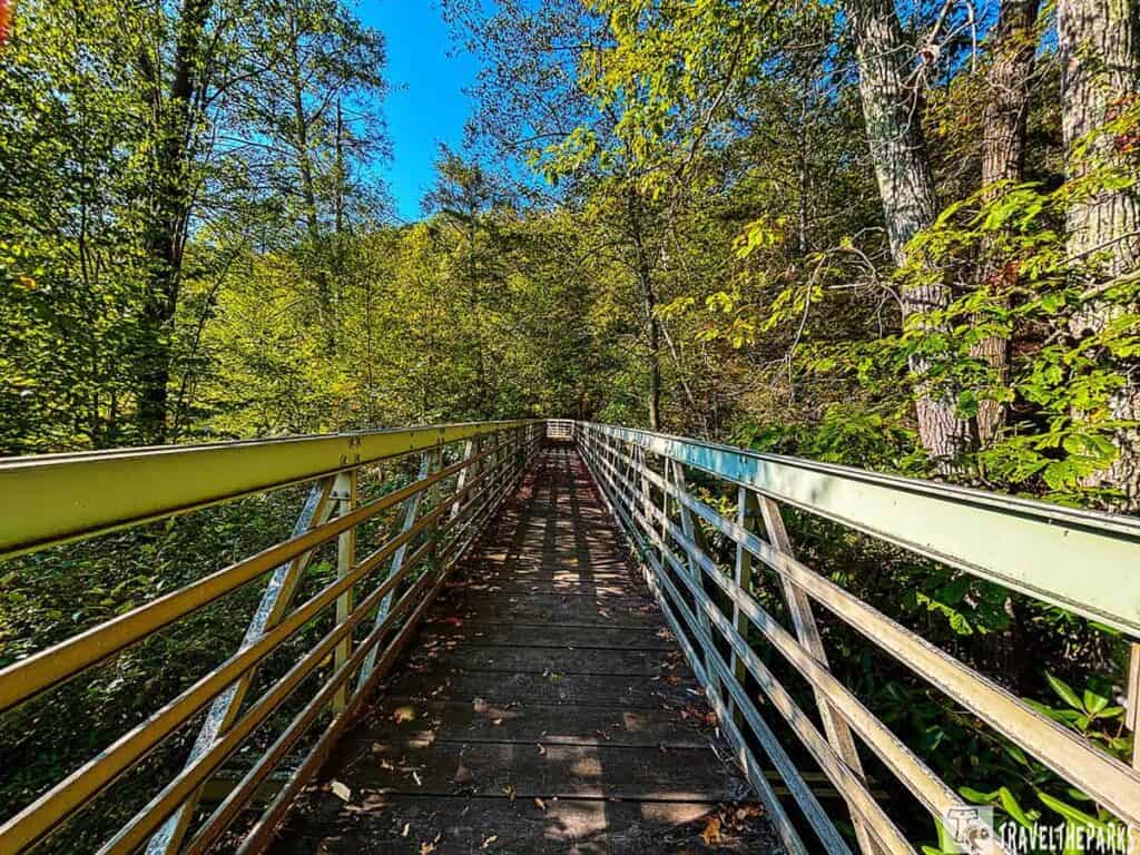 a wooden bridge with metal railings extending into a lush forest, part of the Joseph M McDade Recreation Trail. 
