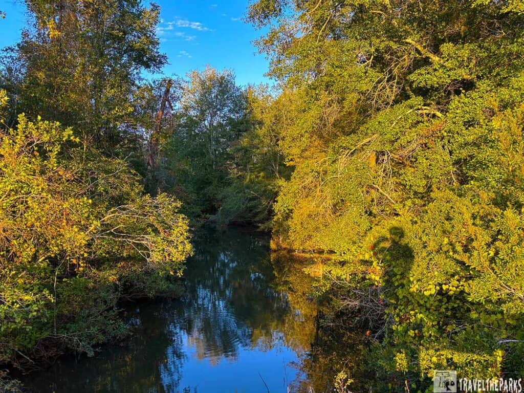 Kolomoki Lake surrounded by lush green and yellow trees, with a reflected blue sky.