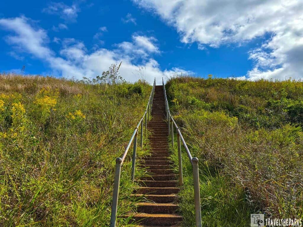 A staircase ascending a grassy hill at Kolomoki Mounds State Park with a blue sky above.


