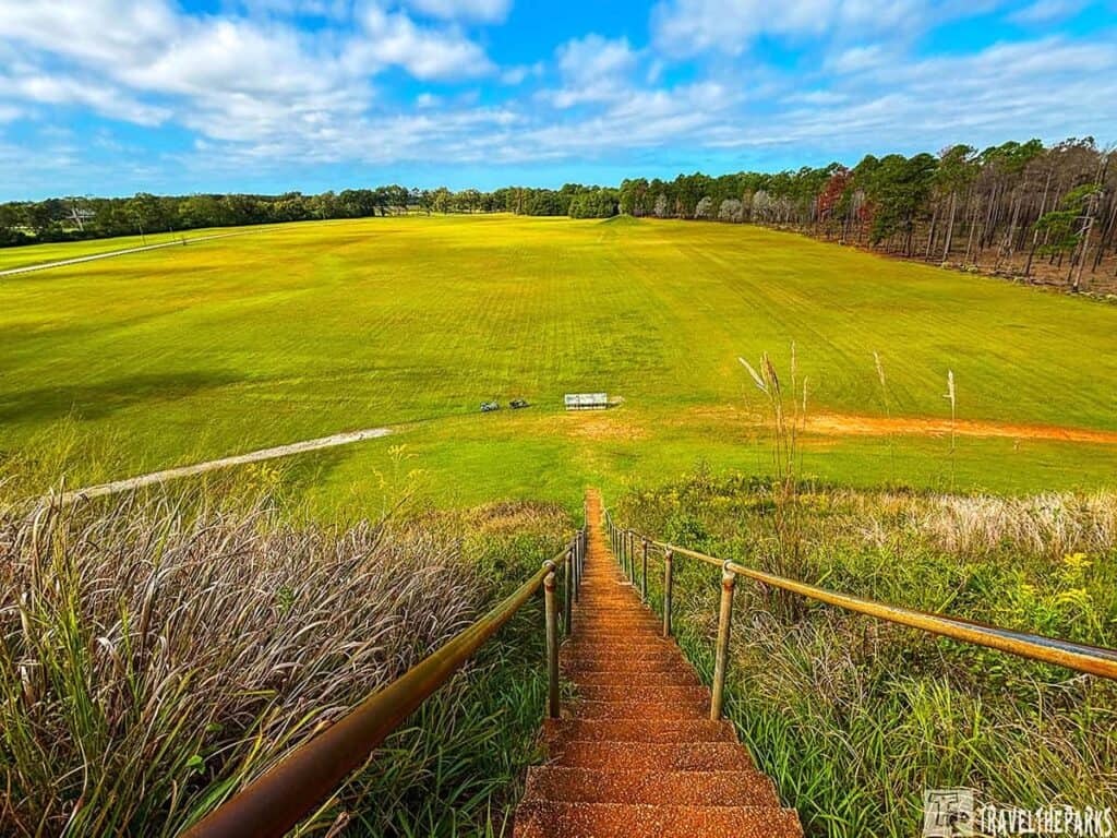 View from Temple Mound at Kolomoki Mounds State Park over The Plaza, with stairs, grassy field, and trees.


