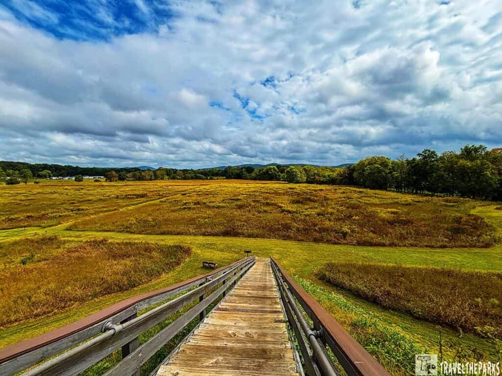 View from Mound A overlooking grassy fields and distant trees at Etowah Mounds under a partly cloudy sky.

