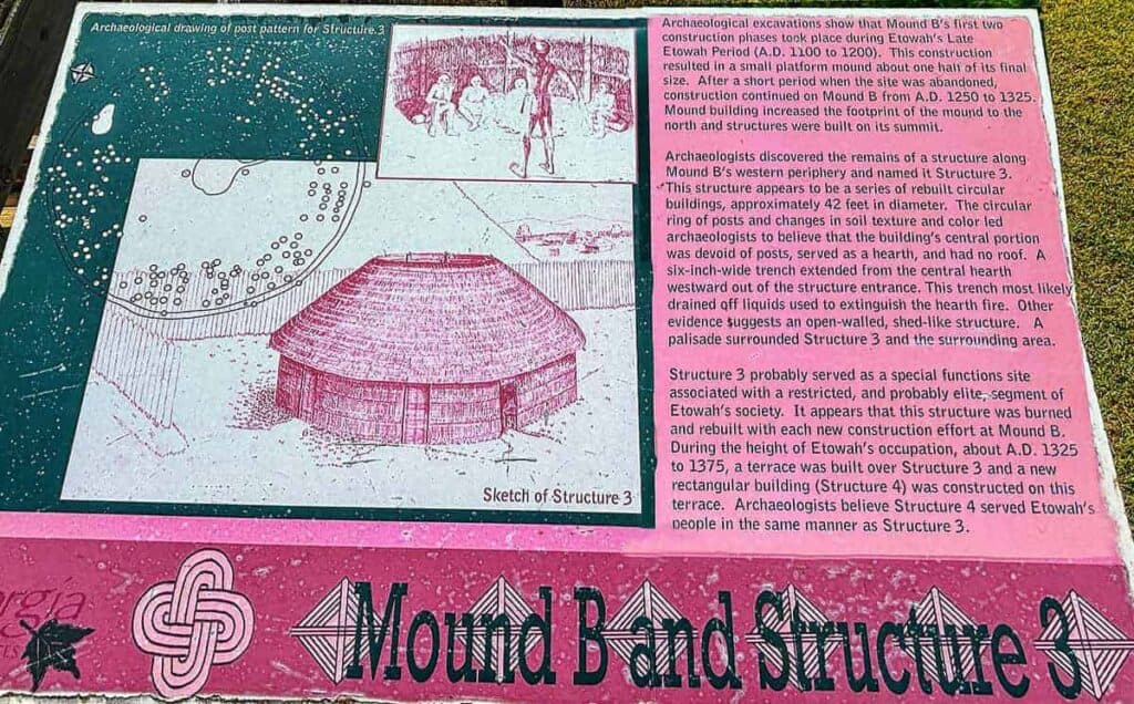 Informational plaque about Mound B and Structure 3, featuring sketches and text on archaeological findings.