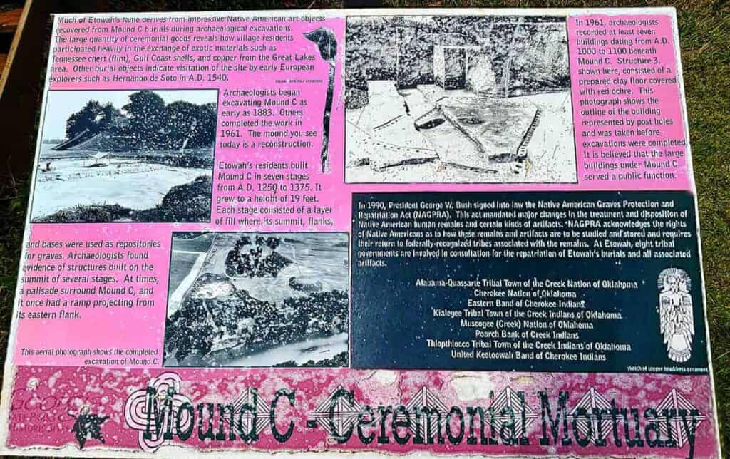 Informational plaque about Mound C-Mortuary Mound, featuring sketches and text on archaeological findings.
