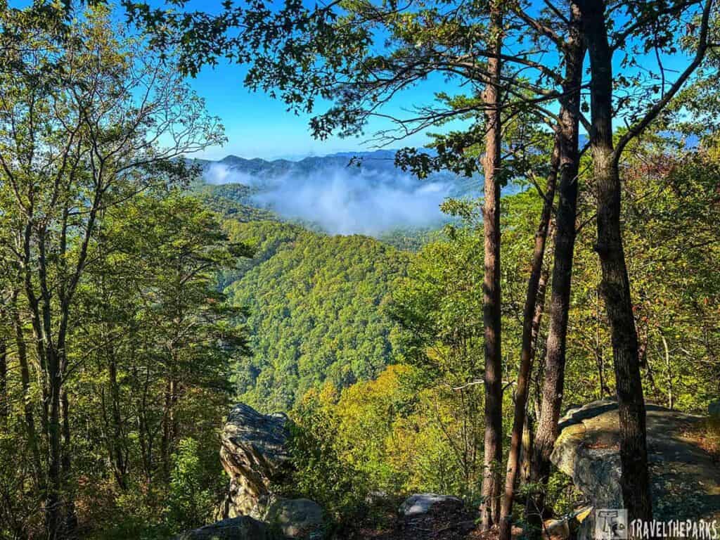 View from Pinnacle Overlook with a forested valley, mist, and distant mountains.