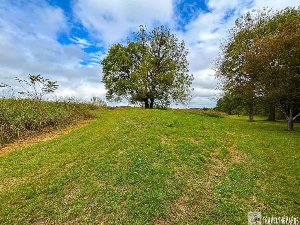 A grassy mound with a large tree under a partly cloudy sky.