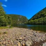 MT Minsi on the left and MT Tammany on the right, with the Delaware River splitting the two, make up the Delaware Water Gap.