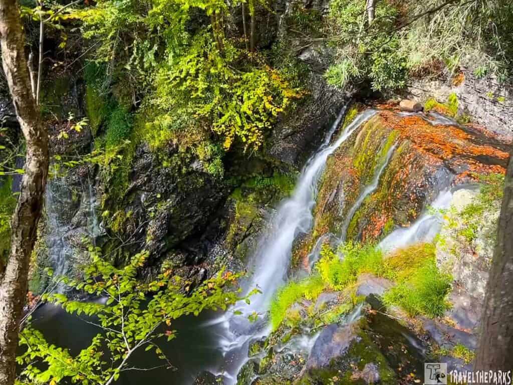 Waterfall cascading over rocky cliffs surrounded by green foliage and autumn leaves.