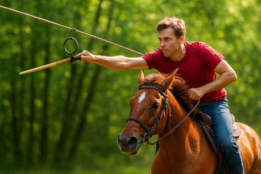 A person on a brown horse attempts to hook a ring with a jousting  stick.

