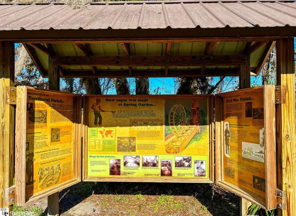 Informational display at Deleon Springs State Park featuring panels about territorial and Civil War periods, and the sugar-making process.

