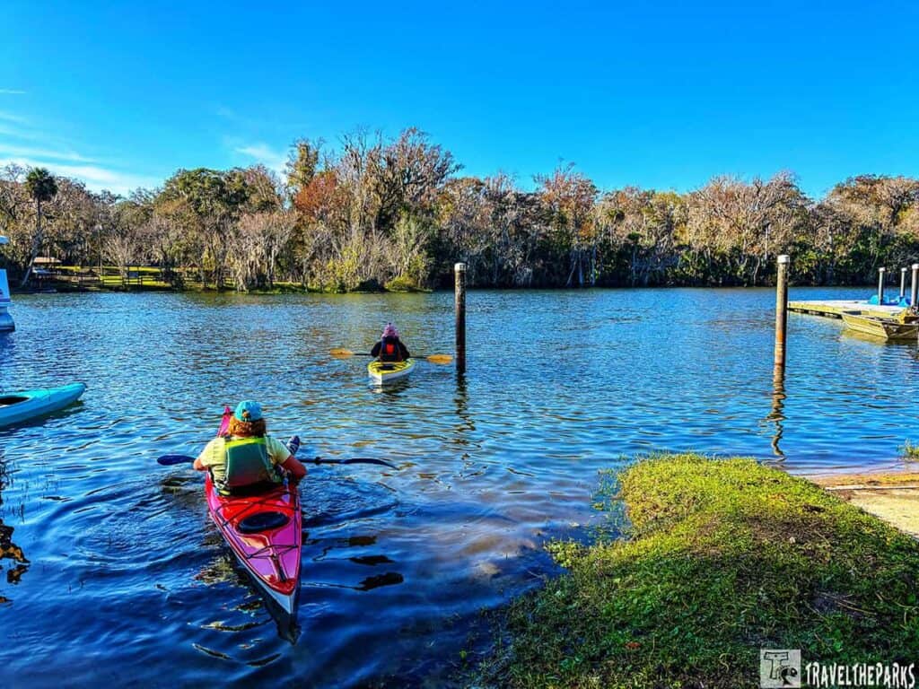 People kayaking on calm waters surrounded by lush greenery at de Leon Springs.